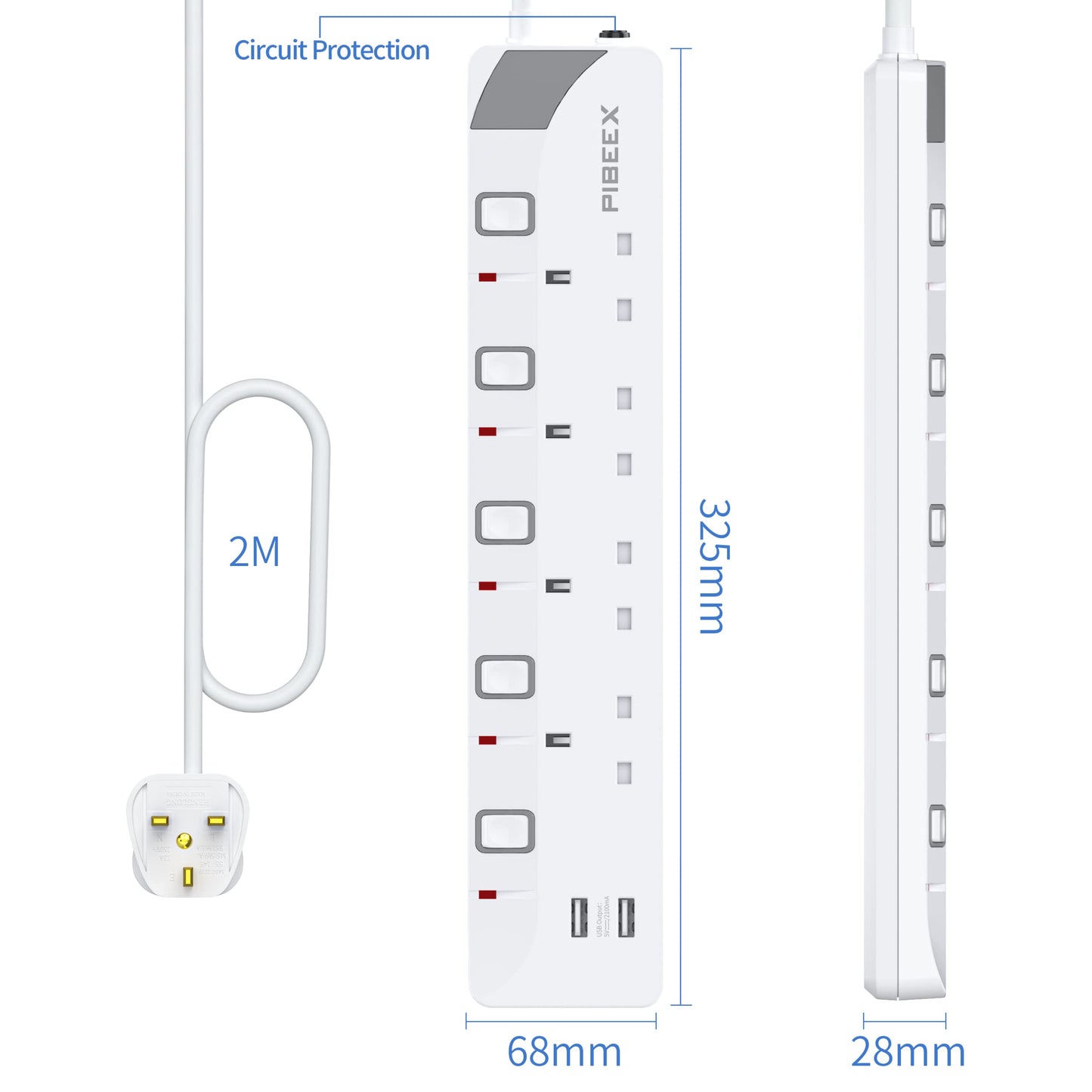 PIBEEX Extension Lead with 4 Way Plug Sockets, Wall Mountable Extension Socket with Individual Switches and 2 USB Charging Ports, 13A 3250W, 2M Extension Cord