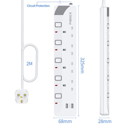 PIBEEX Extension Lead with 4 Way Plug Sockets, Wall Mountable Extension Socket with Individual Switches and 2 USB Charging Ports, 13A 3250W, 2M Extension Cord