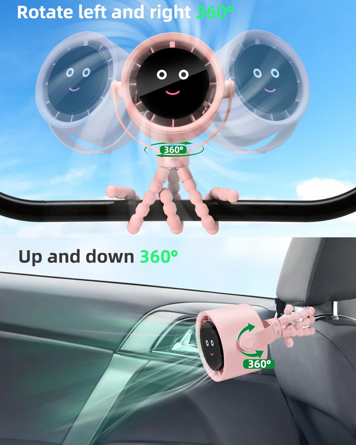 Akejrym Stroller Fan Portable, Personal Fan for Travel, Air Turbo Tech & Digital display, Detachable 5 Speeds Rechargeable 360° Rotate Flexible Tripod, For Home Office Stroller (Pink)