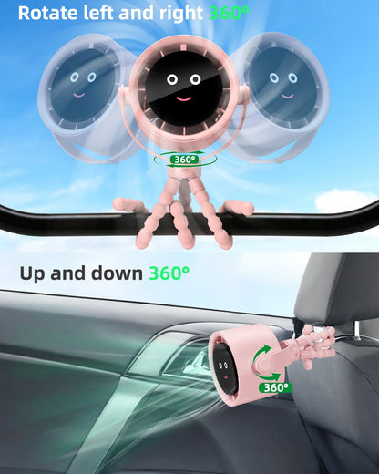 Akejrym Stroller Fan Portable, Personal Fan for Travel, Air Turbo Tech & Digital display, Detachable 5 Speeds Rechargeable 360° Rotate Flexible Tripod, For Home Office Stroller (Pink)