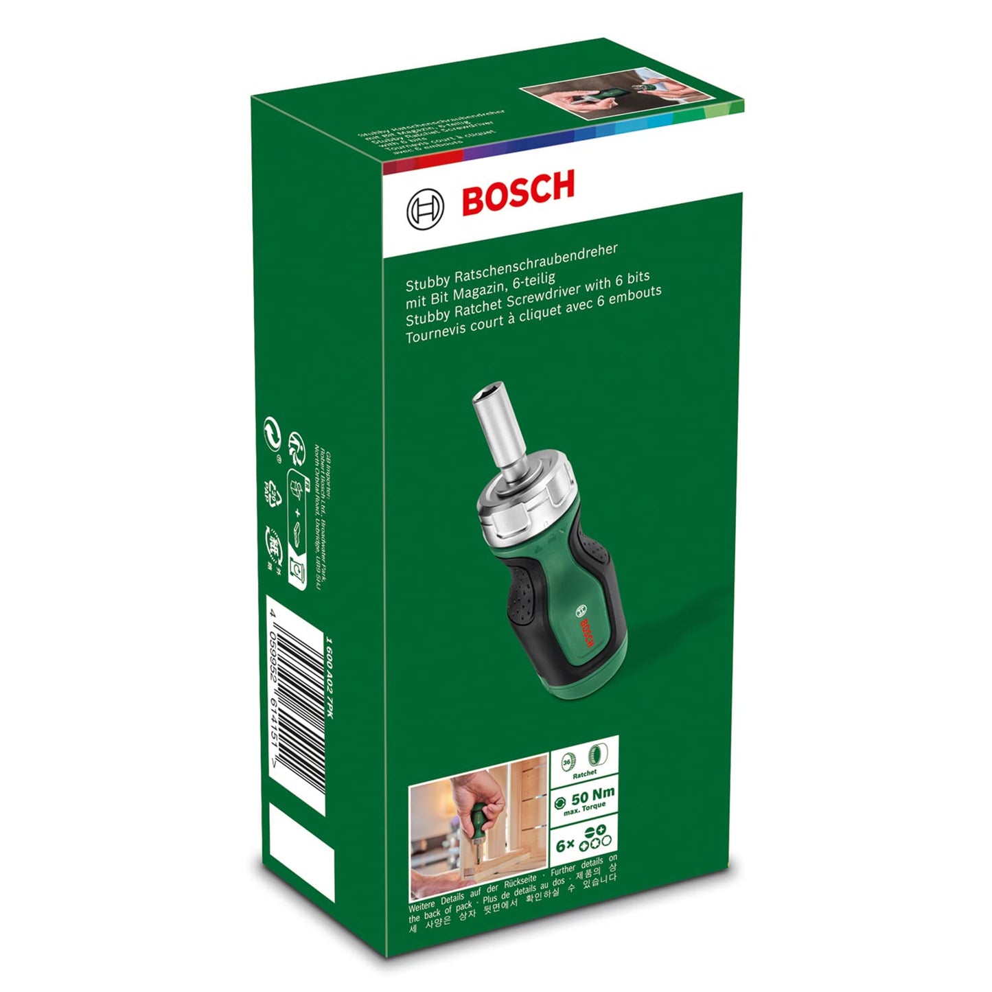 Bosch Stubby Ratchet Screwdriver with 6 Bits (Compact High-Torque Ratchet Screwdriver for Powerful Fastening; 6 Bits Included; Ergonomic; Magnetic Bit Holder)