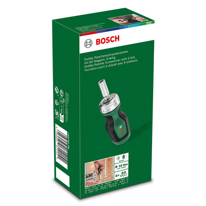 Bosch Stubby Ratchet Screwdriver with 6 Bits (Compact High-Torque Ratchet Screwdriver for Powerful Fastening; 6 Bits Included; Ergonomic; Magnetic Bit Holder)