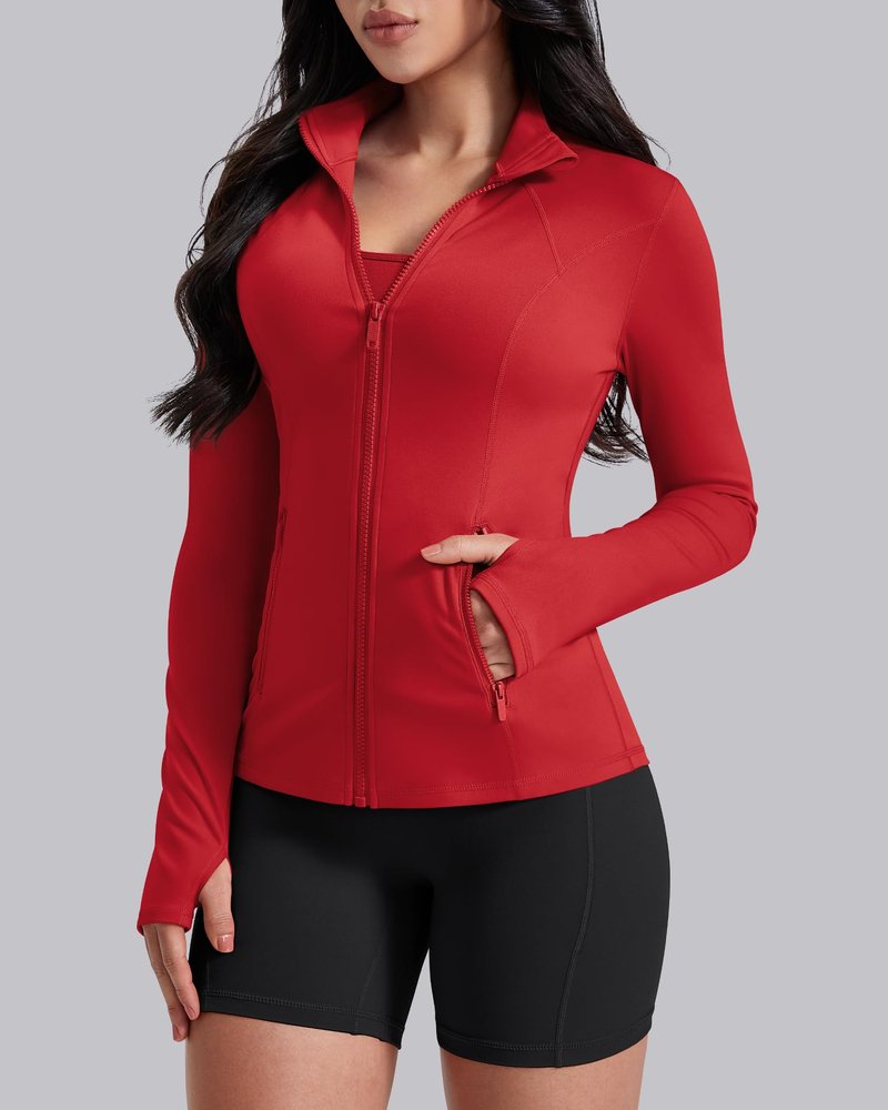 AVGO Womens Workout Jackets Lightweight Athletic Zip Up Jacket Slim Fit Running Gym Top with Pockets & Thumb Holes(Red, XS)