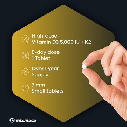 Vitamin D3 K2 5.000 IU & 100ug (MK7) 180 High Strength Vitamin D3 K2 Tablets for 6 Months Supply of Vitamin D3 and K2 for Bone, Teeth, Muscle Function & Immune System. German Quality. Vitamaze®