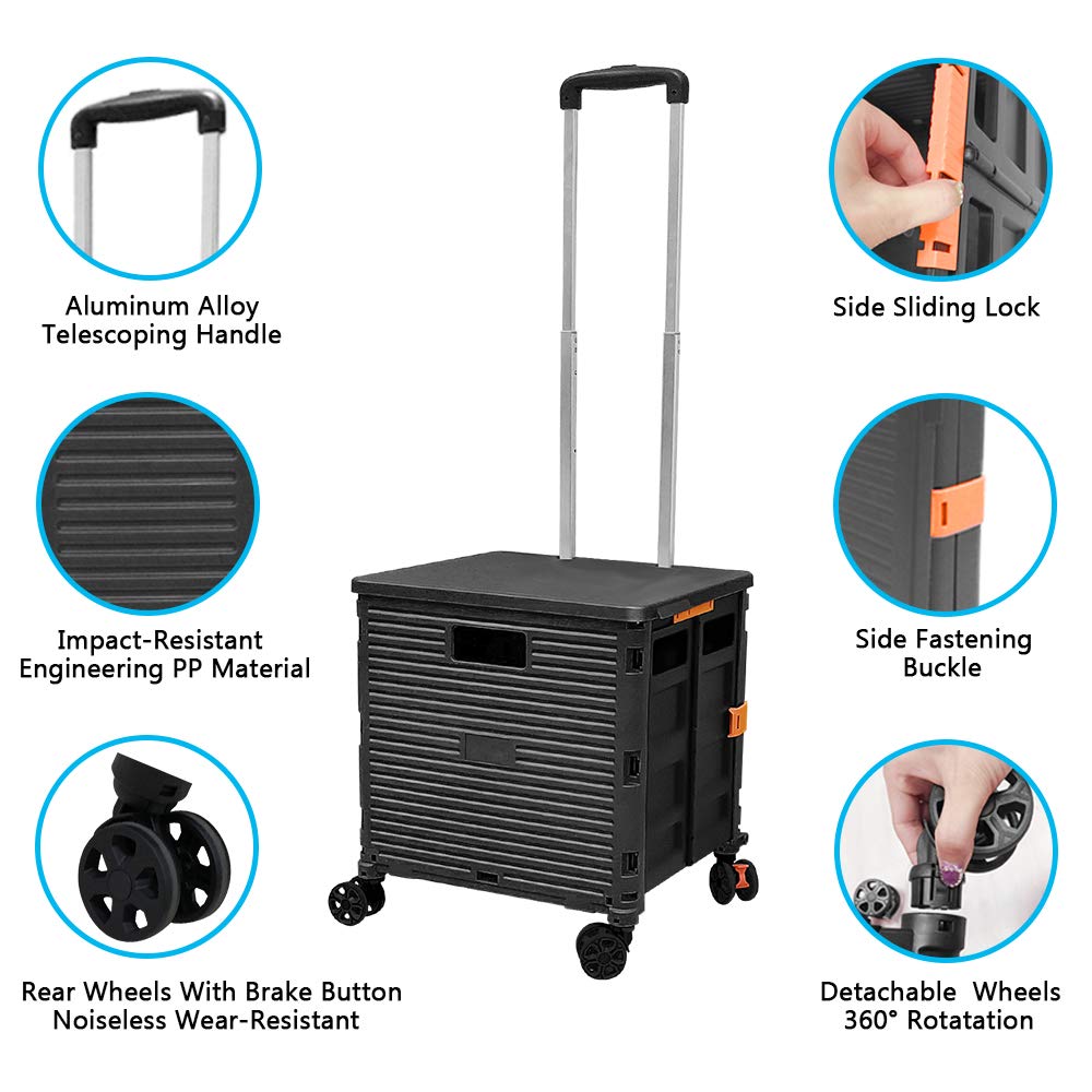 FELICON SELORSS Foldable Utility Cart Folding Portable Rolling Crate Handcart with Durable Heavy Duty Plastic Telescoping Handle Collapsible 4 Rotate Wheels for Travel Shop Move Luggage Office(Black)