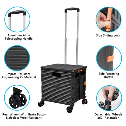 FELICON SELORSS Foldable Utility Cart Folding Portable Rolling Crate Handcart with Durable Heavy Duty Plastic Telescoping Handle Collapsible 4 Rotate Wheels for Travel Shop Move Luggage Office(Black)