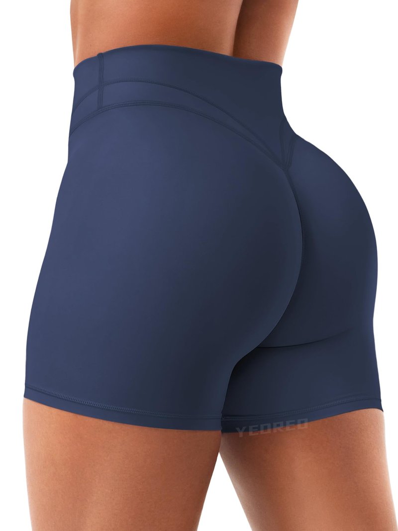 YEOREO Women Workout Yoga Shorts 4.5" No Front Seam Hidden Scrunch Almiy High Rise Buttery Biker Shorts Navy Blue M