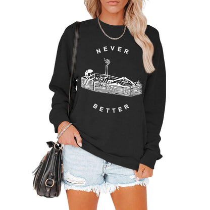 BOUTIKOME Never Better Skeleton Sweatshirt Women's Halloween Shirt Horror Skull Fall Long Sleeve Sarcastic Pullover Tops(Black,M)