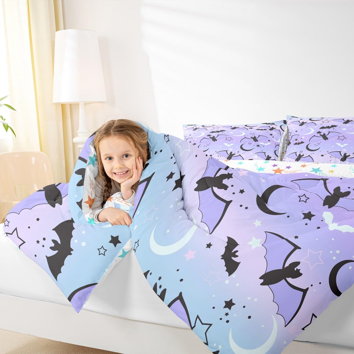 Feelyou Halloween Comforter Rainbow Comforter Set for Boys Girls Children Bat Moon Star Print Bedding Set Halloween Theme Purple Gradient Style Room Decor Twin Size Duvet Set 2Pcs with 1 Pillow Case