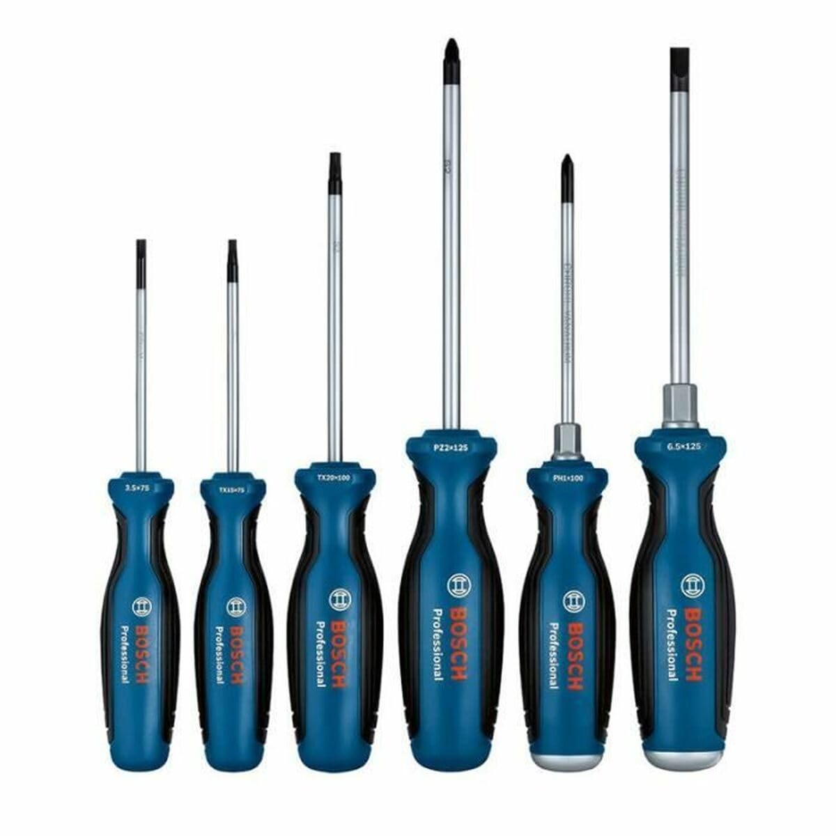 Bosch Professional 6-Piece Screwdriver Set (SL/PH/PZ/TX, incl. SL 3.5x75 mm, TX 20x100 mm, TX 15x75 mm, SL 6.5x125 mm, PZ 2x125 mm, PH 1x100 mm, Inlay)