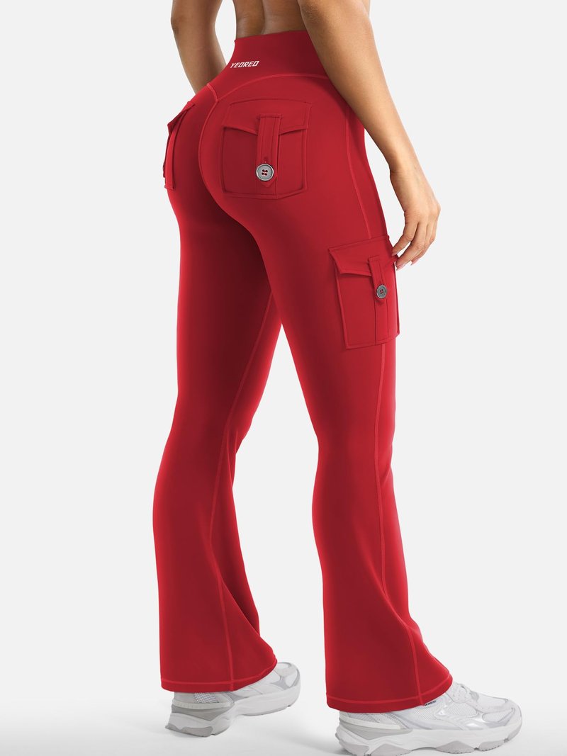 YEOREO CoreFlex Women Workout Flare Leggings with Pockets Scrunch Cargo Gym Yoga Leggings 28" Inseam Red XL