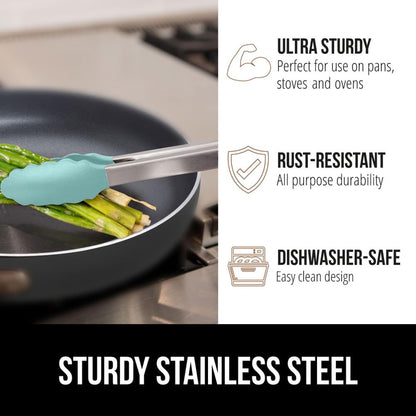 GORILLA GRIP Stainless Steel Heat Resistant Kitchen Tongs for Cooking, 9 + 12 Inch, Set of 2 BBQ Tong, Non Scratch Silicone Tip for Pan, Strong Grip, Grab Food, Toss Salad, Air Fryer, Pull Lock, Black
