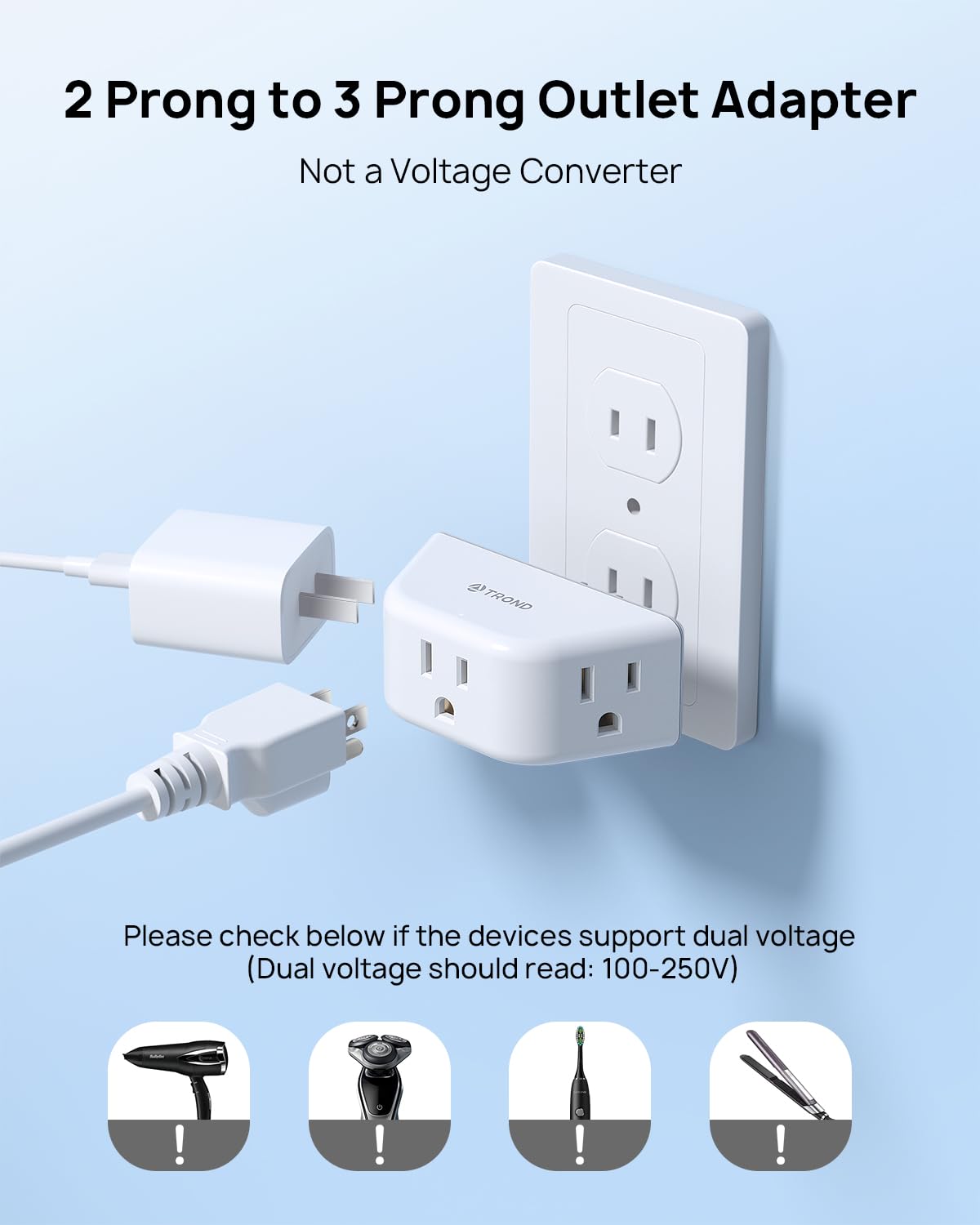 TROND Multi Plug Outlet Extender 2 Pack - Electrical Wall Splitter, 3 Way Angled Wall Outlet Adapter, Cruise Essentials, Small Multiple Plug Expander for Cruise Ship Home Office Dorm Room, White