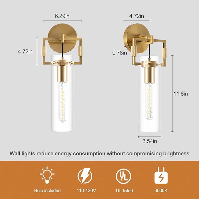 BELS 15inch Gold Wall Sconce, Modern Straight Glass Shade Wall Light, 3000K Warm Light, E26, Hardwired Wall Light Fixtures for Living Room, Bedroom, Dining Room, 1 Pack(Bulb Included)