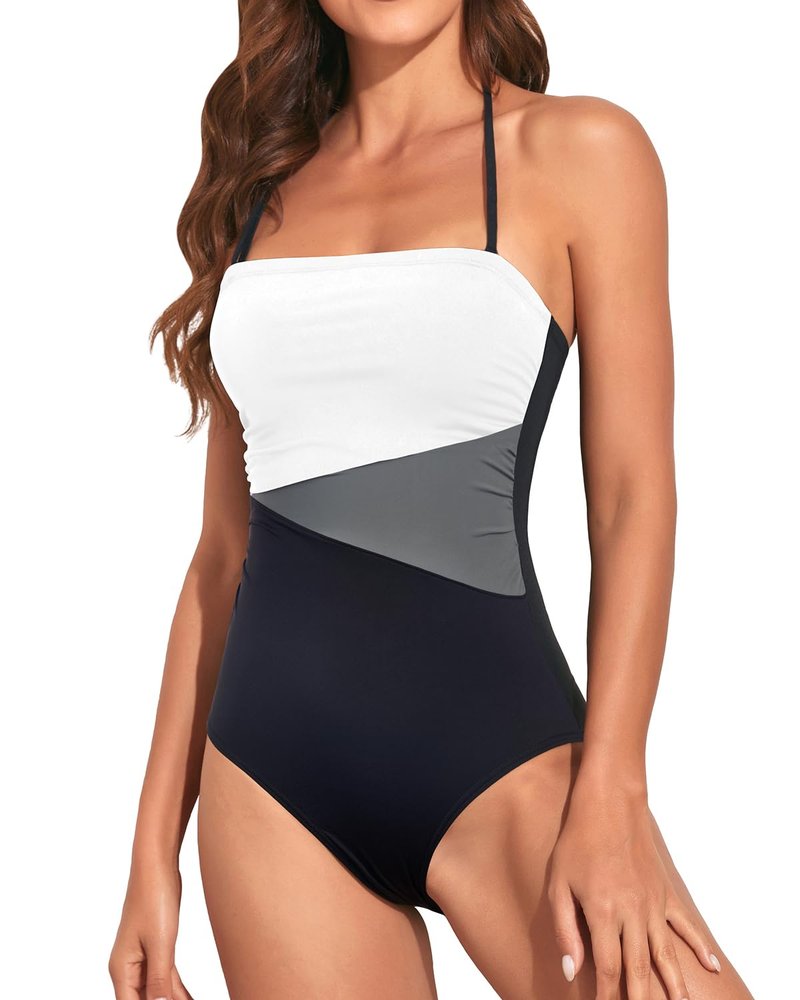 Holipick Women Black White Grey Strapless Bandeau One Piece Swimsuits Tummy Control Bathing Suits Halter Strapless Swimwear M