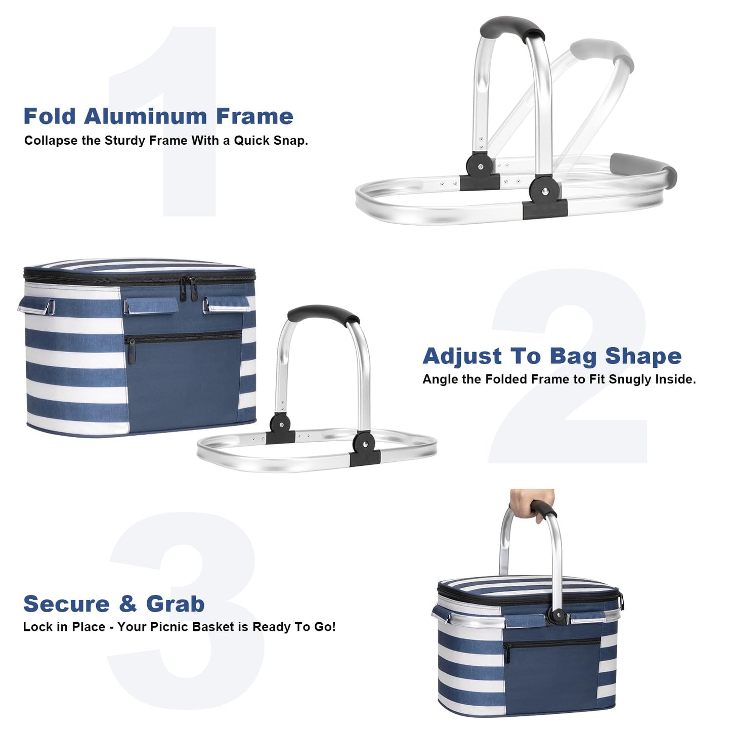 ALLCAMP Picnic Basket - Insulated Cooler, Thickening Foldable Picnic Basket with Removable Baskets & Sewn-in Frame, Basket for House Warming Gifts New Home(Blue and White)