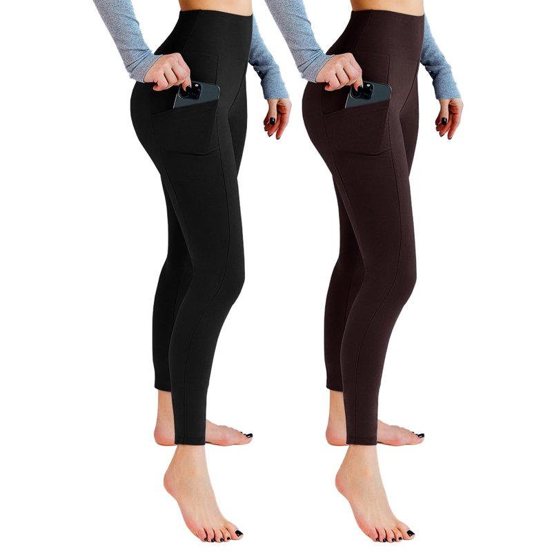 Leafigure 2 Pack Leggings with Pockets for Women, High Waisted Soft Leggings for Yoga Gym Black/Brown SM
