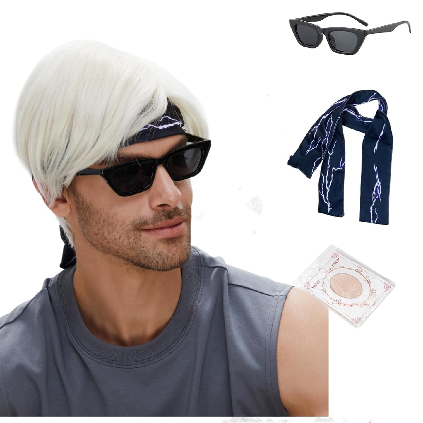 STfantasy Short Platinum White Men Wigs with Bangs Straight Layer Mens Wig+Sunglasses+Headscarf for Man Male Costume Halloween Cosplay Anime Party White Blond Wig Men