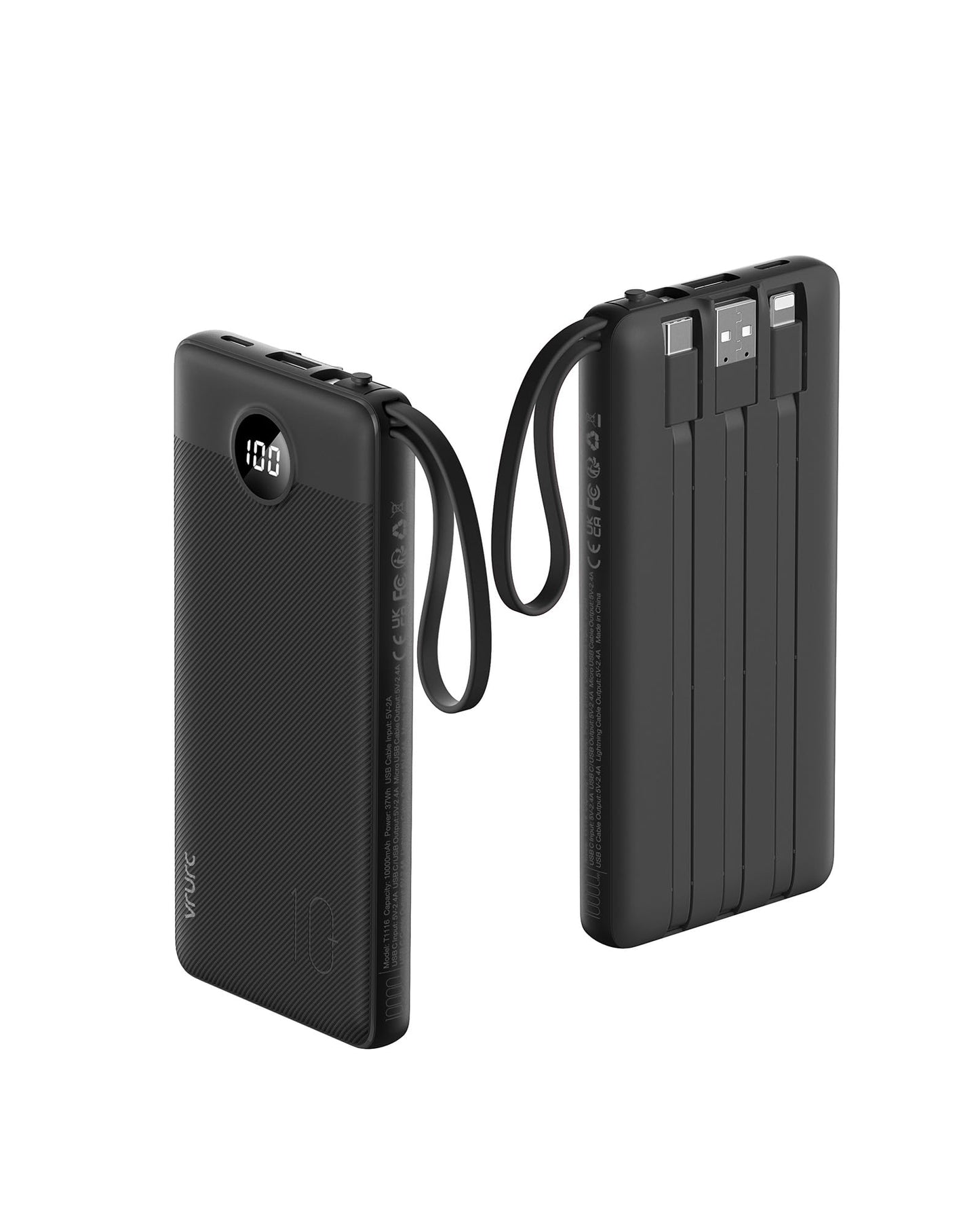 VRURC Power Bank 10000mAh With Built in Cables,USB C Battery Pack Portable Charger with 5 Outputs 2 Inputs Powerbank LED Display compatible with iPhone 16 15 14 Samsung S21 S20 Xiaomi