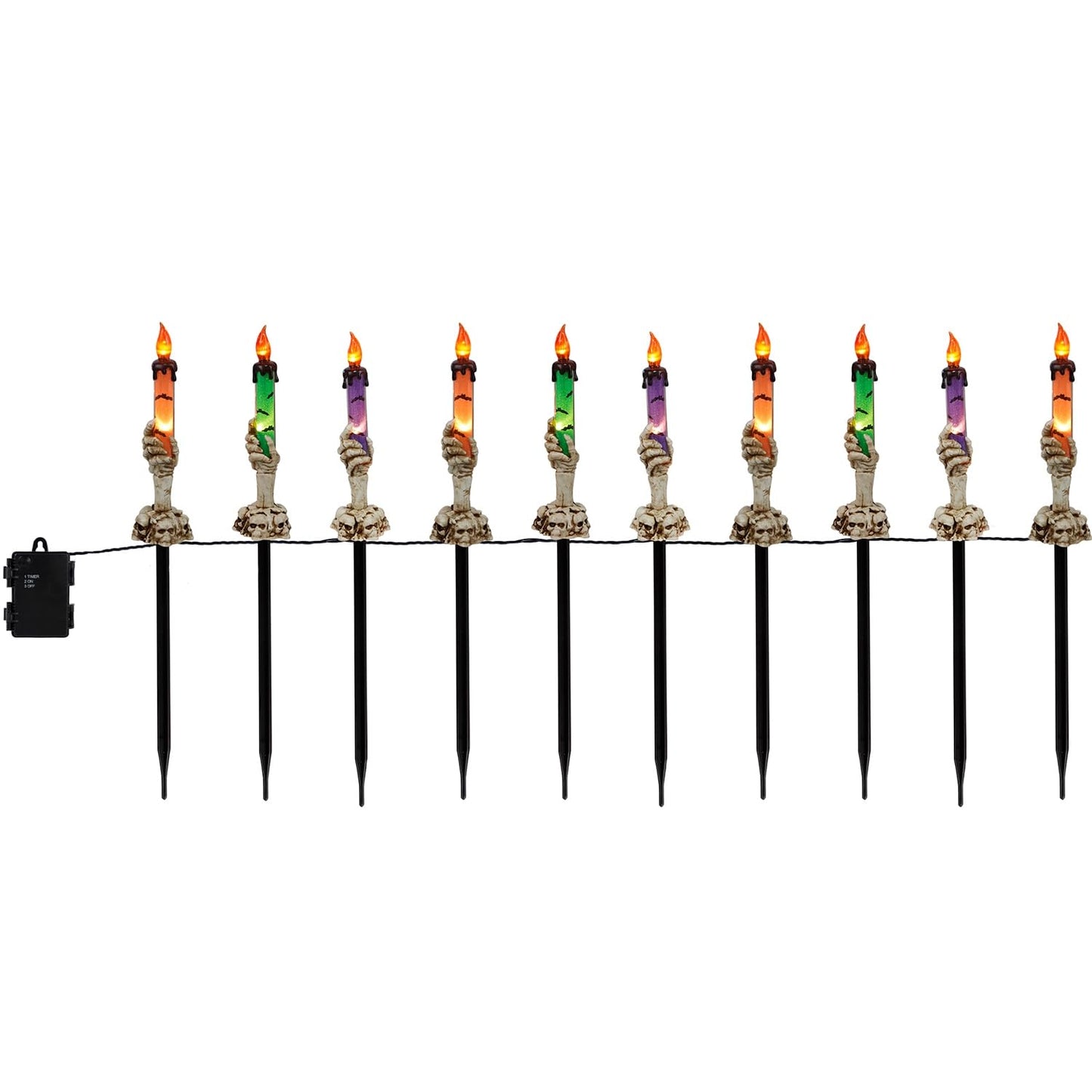 WATERGLIDE Halloween Decoration Candle Light Stakes, 10 Pack Skeleton Hands Hold Lighted Candle Pathway Makers, Waterproof Battery Operated with Timer, Light Up Figurine for Outdoor Holiday Party
