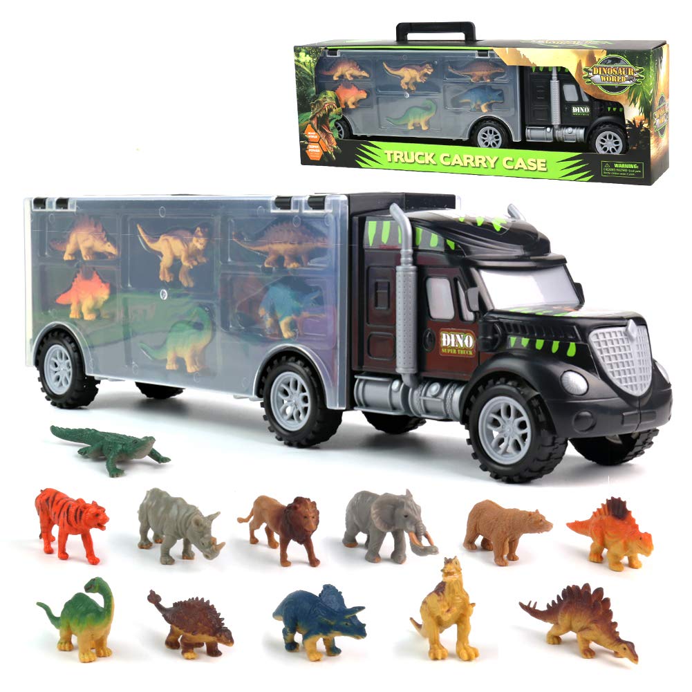 Akokie Dinosaur Toys for Boys Girls - Kids Toys Transport Carrier Truck with Dinosaur Animals Toy 12 Pcs Double Side Storage Set Birthday for Kids Boys Girls 3 4 5 6 Years Old