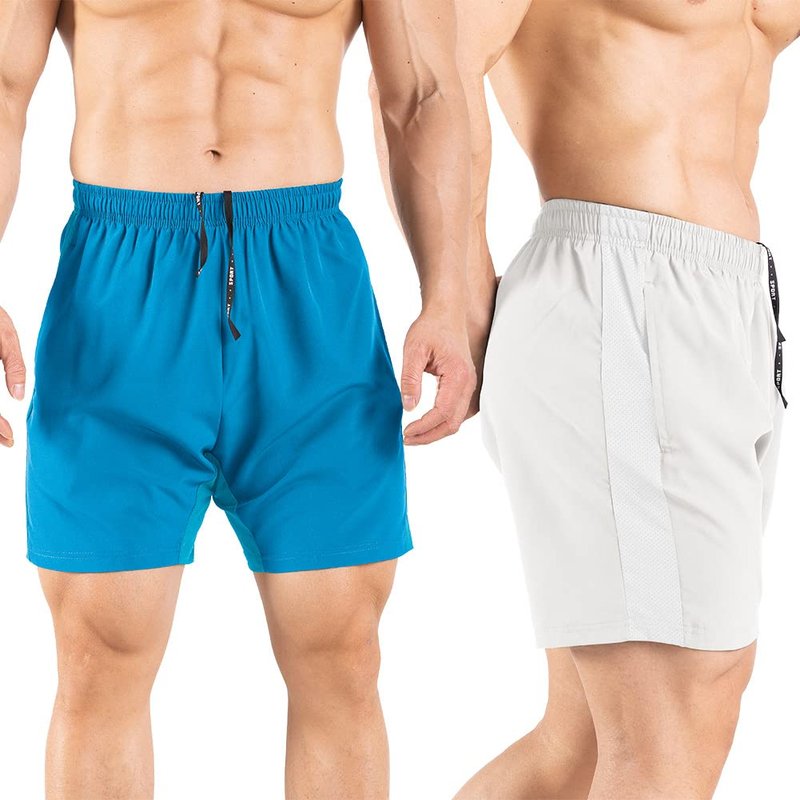 Gaglg Men's 5" Running Shorts 2 Pack Quick Dry Athletic Workout Gym Shorts with Zipper Pockets Light Blue/White,Small