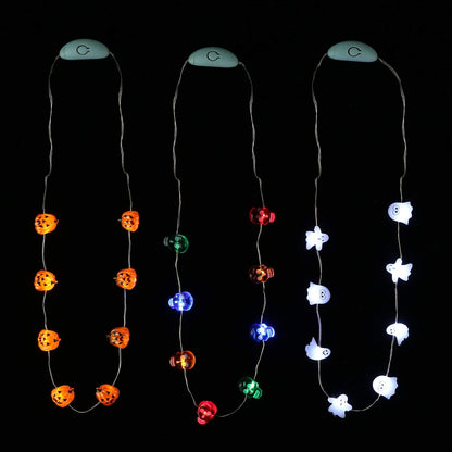 JASHIKA Halloween Eve Costume Party Accessories, Lighting Up LED Necklace Set of 3, Ghost, Jack O Lantern Pumpkin, Skull for Trick or Treating Door to Door Parade Procession