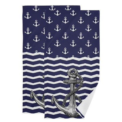Anchor Bath Hand Towel 2 Pcs Absorbent Nautical White Stripe Hand Towels Sea Anchors Navy Blue Face Towel Soft Breathable Anchor Fingertip Towel for Bathroom Kitchen Hotel Spa Decor Gift 28.3x14.4in