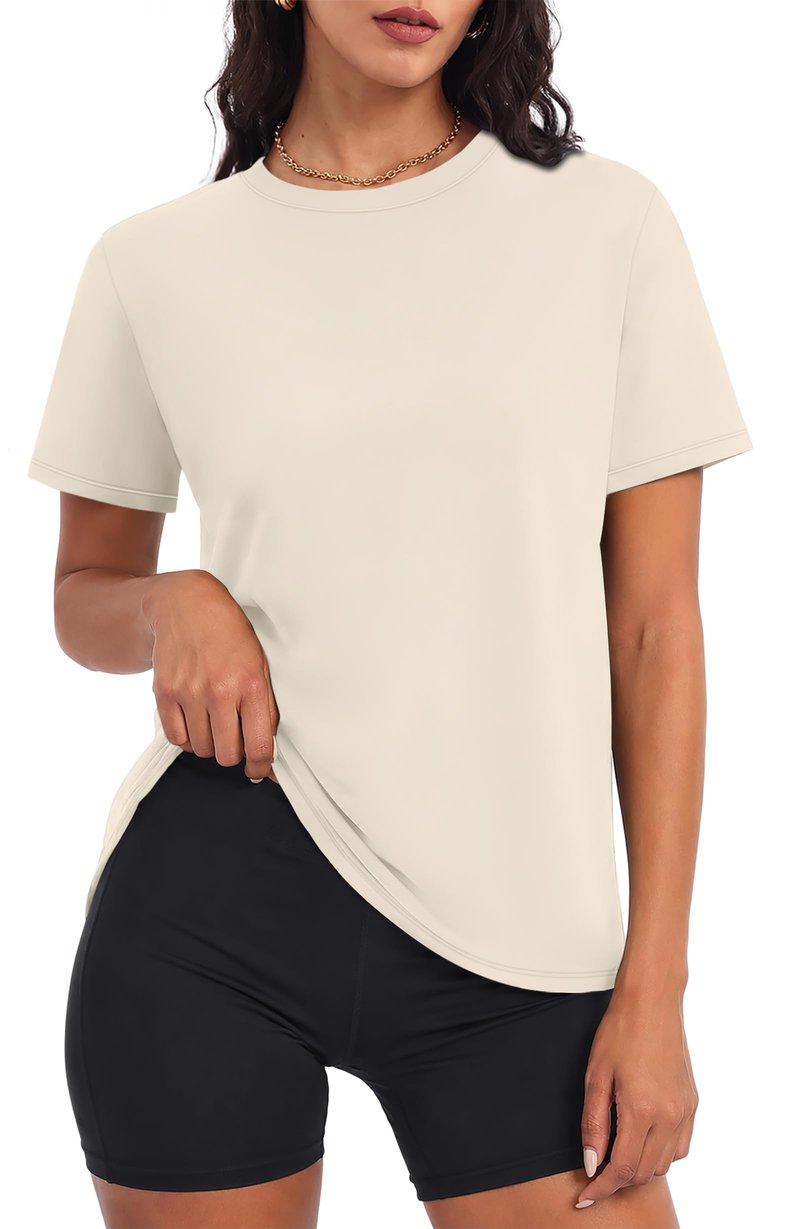 NIASHOT Summer Workout Tops for Women Womens Dry Fit T Shirts Short Sleeve Basic Fitness Clothing Womens Athletic Yoga Tops Pilates Outfits Gym Running Shirts Rash Guard Ivory L