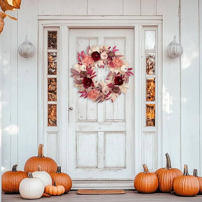 Briful 26" Artificial Fall Wreath with Velvet Pumpkins, Chrysanthemums & Pink Maple Eucalyptus Leaves – Soft Blush Autumn Wreath for Front Door, Fireplace, Wall Decor