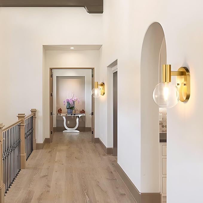 Indoor Outdoor Wall Light Fixture, Golden Bathroom Vanity Light, Bathroom Wall Light Fixture Over Mirror, Modern Brass Wall Sconce with Globe Glass for Hallway, Bedroom