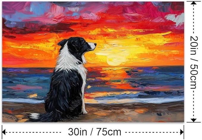 Yesad Dog Wall Art, Border Collie Painting Sunset Beach Canvas Print Impressionist Artwork Colorful Poster Pictures Gift for Dog Lover Wall Décor for Living Room Bedroom (Unframed,30”x20”, Dog1)