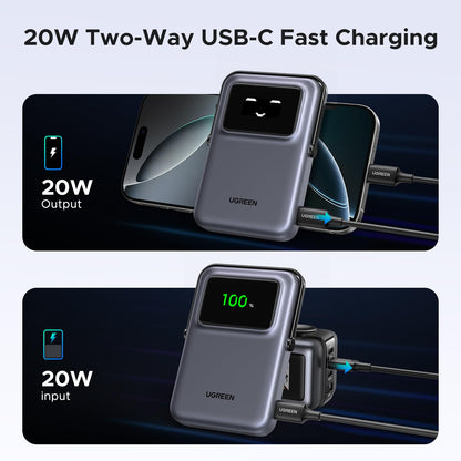 UGREEN Uno 10000mAh Magnetic Portable Charger, Qi 7.5W Wireless Power Bank, PD 20W USB C Battery Pack with Foldable Stand and TFT Display MagSafe Compatible iPhone 17/16 /15/14/13/12 Series, Black