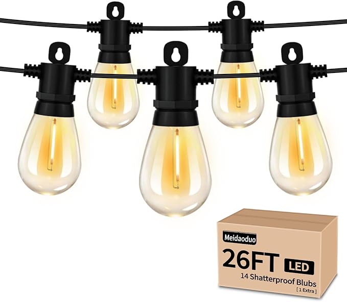 String Lights for Outside Patio 26FT IP65 Waterproof Outdoor String Lights Led with 13+1 S14 1W Shatterproof Bulbs for Patio Bistro Backyard Pergola Balcony Garden