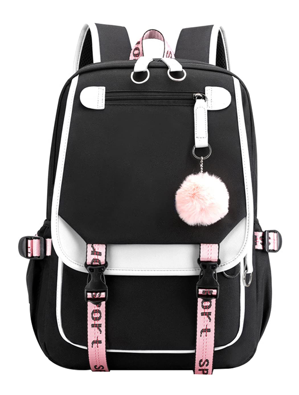SellerFun Teenage girls' Backpack Middle School Students Bookbag Outdoor Daypack With USB charge Port (4# White Black, 21 Liters)