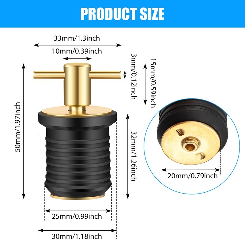 Linkstyle 4 PCS Brass T-Handle Drain Plug, Marine Boat Drain Plugs for 1 Inch Diameter Drains Locks, Twist-Turn and Seal Design Rubber Plugs T-Handle Drain Plug for Yachts Kayaks