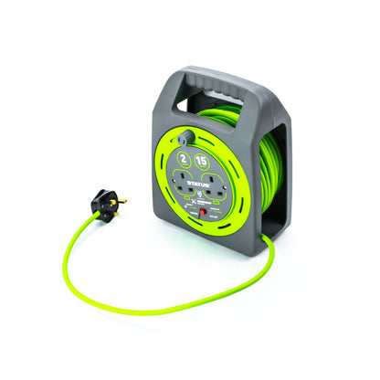 STATUS 2 Socket Cable Reel | 15m Green Extension Lead | 13A with Thermal Cut Out | Heavy Duty Outdoor Extension Lead | S15M2SHBCR1PK2