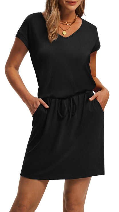 OFEEFAN Beach Vacation Clothes for Women Fashion Summer Dresses for Women 2025 Loose V Neck Casual Dress Sundresses Cover Up with Pockets Black L