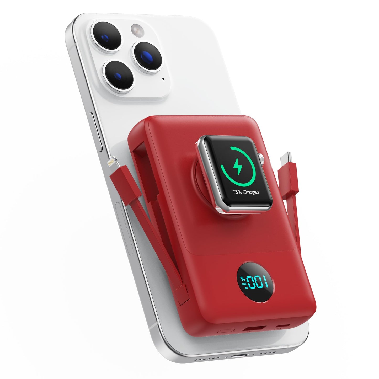 Magnetic Portable Charger 10800mAh for iPhone with Built-in Cables, 6-in-1 Wireless Power Bank with iWatch Charger, LCD Display 25W PD Fast Charging Battery Pack for iPhone 16/15/14/13/12, Apple Watch