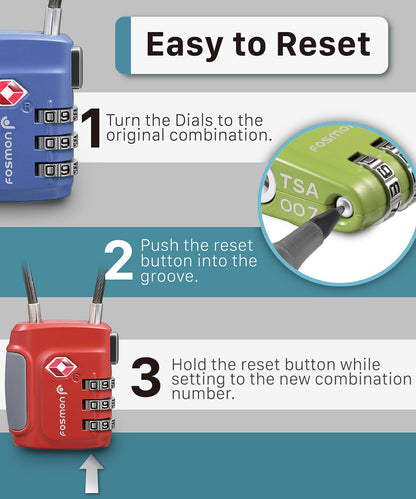 Fosmon TSA Approved Luggage Locks, Cable Suitcase Travel Lock, 3 Digit Long Shackle Combination Padlock, Wire Lock for Gym Locker, Backpack Anti Theft