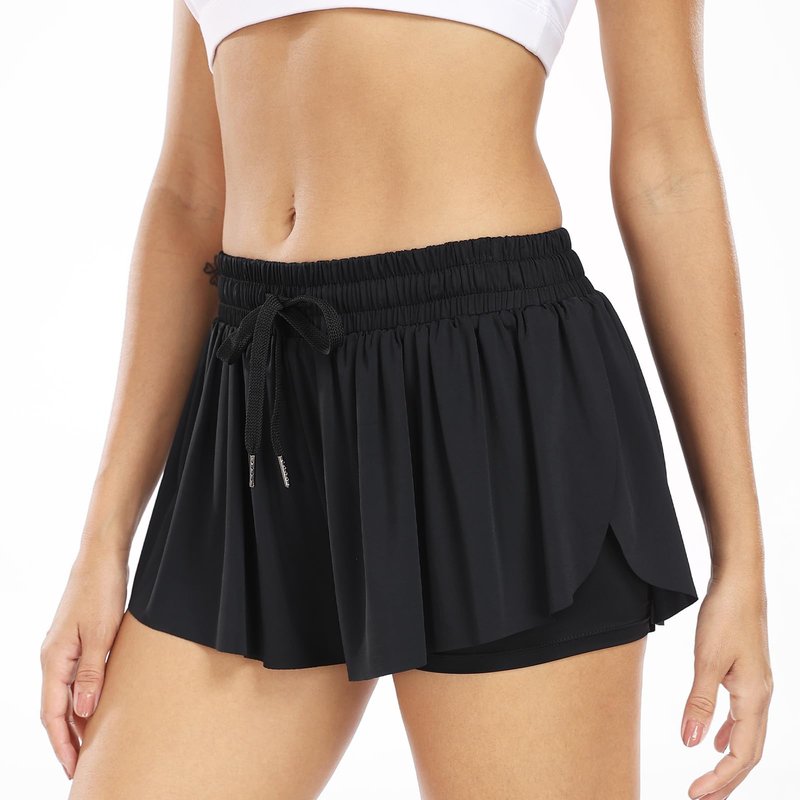Wsirmet Flowy Shorts for Women Butterfly Shorts 2 in 1 Athletic Workout Gym Biker Running Shorts with Pockets Black S