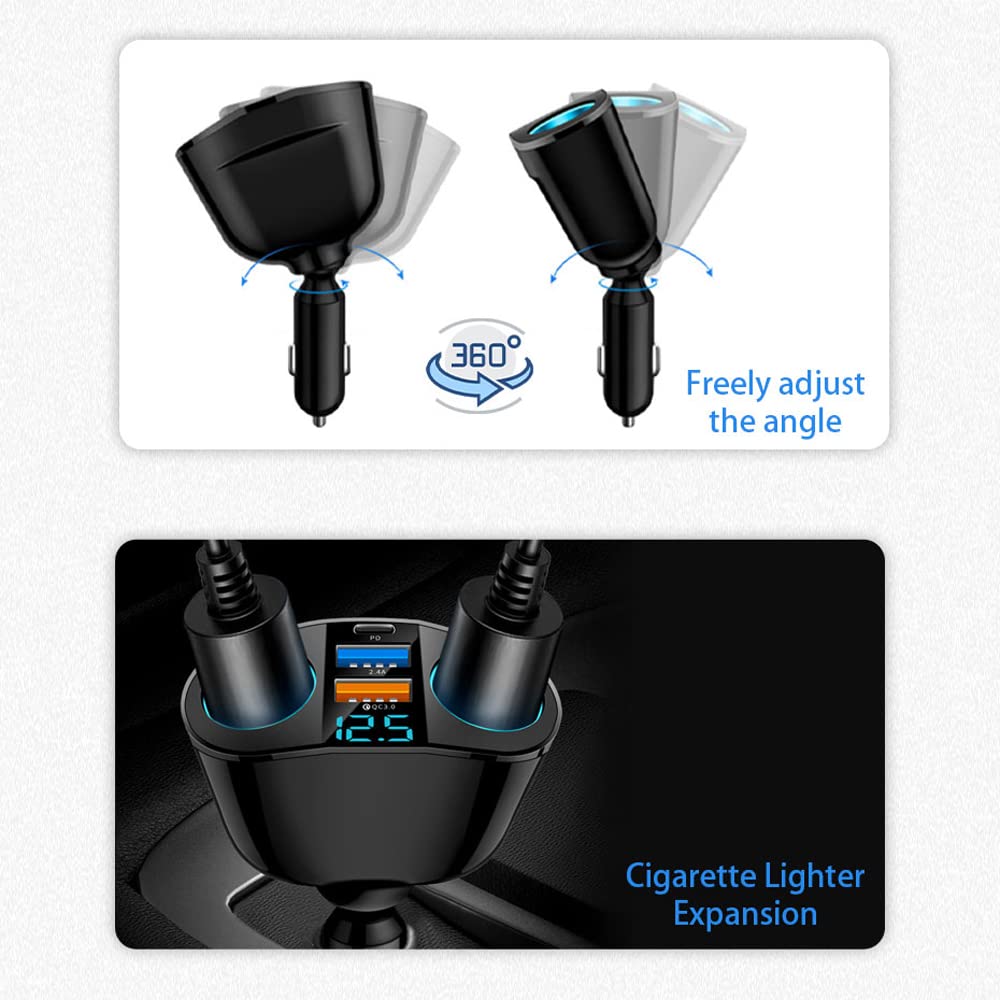 Cigarette Lighter Adapter USB C Car Charger, QC3.0 & PD Cigarette Lighter Splitter with LED Voltmeter, 12V/24V Car USB Outlet Socket Splitter Fast Charging for Phones GPS Vehicle Devices