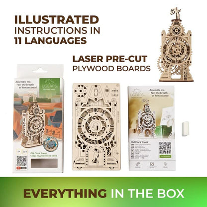 UGEARS Wooden Model Kits For Adults to Build - Old Clock Tower 3D Wooden Puzzles For Adults - Mechanical Engineering Gifts for Fathers Day - Medieval-Inspired 3D Puzzle Clock with Moving Part - 44 Pcs