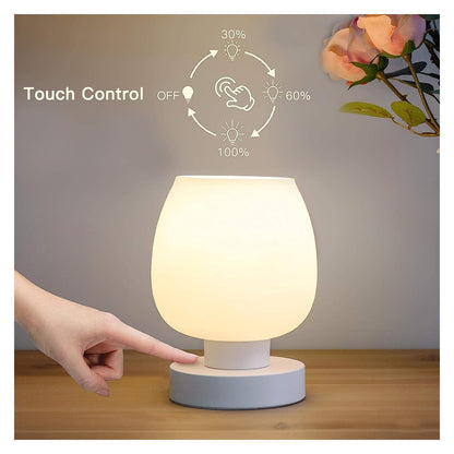 ONEWISH Modern Small Table Lamp - White Opal Glass Shade, Warm LED Bulb, 3-Way Dimmable, Touch Control, Indoor Use Only