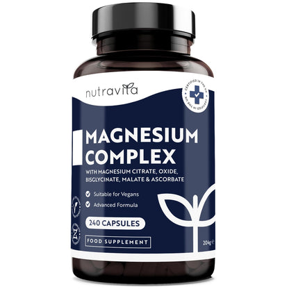 Magnesium Supplements 5-in-1 Complex 1146mg - 240 Vegan High Strength Capsules - 400mg Elemental Magnesium - Bis Glycinate, Citrate, Malate, Oxide, Ascorbate - Muscle Support & Sleep Aid - Nutravita
