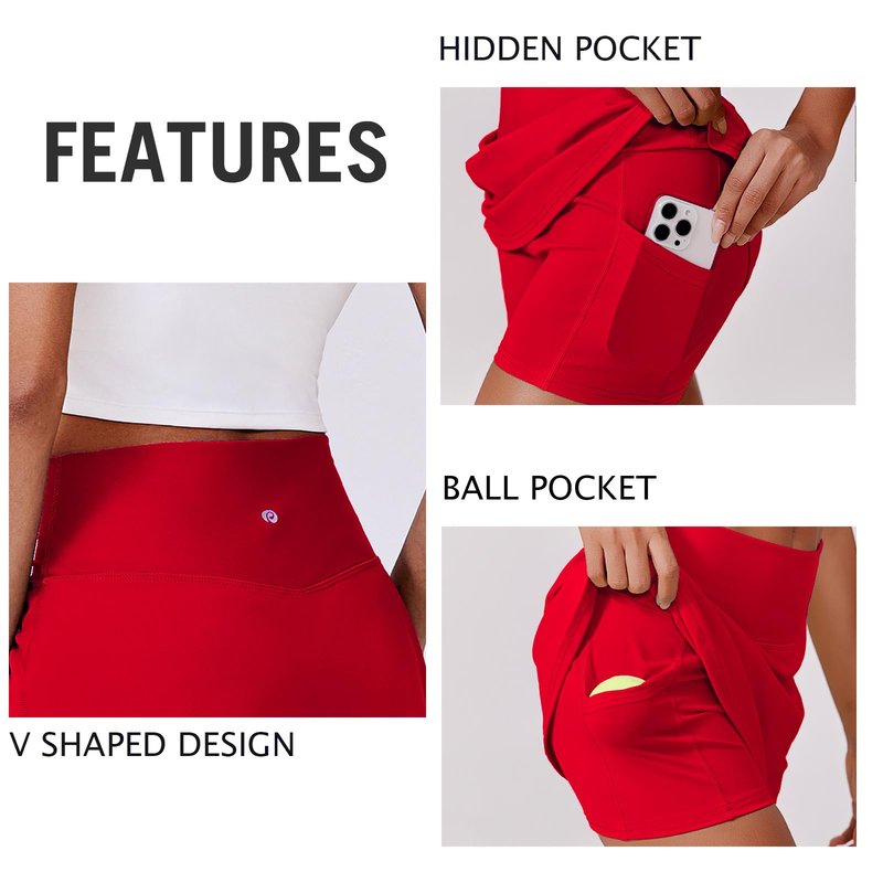 PINSPARK Skorts for Woman Stretchy Tennis Skirts Built-in Shorts Workout Skort Skirts Lightweight Golf Skort Activewear, Red XS