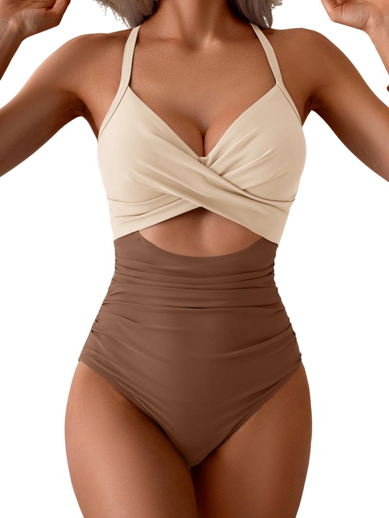 Eomenie Women's One Piece Swimsuits Tummy Control Cutout High Waisted Bathing Suit Wrap Tie Back 1 Piece Swimsuit Black and Green Leaf Print