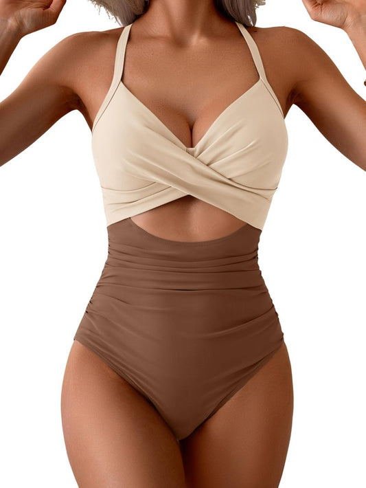 Eomenie Women's One Piece Swimsuits Tummy Control Cutout High Waisted Bathing Suit Wrap Tie Back 1 Piece Swimsuit Black and Green Leaf Print