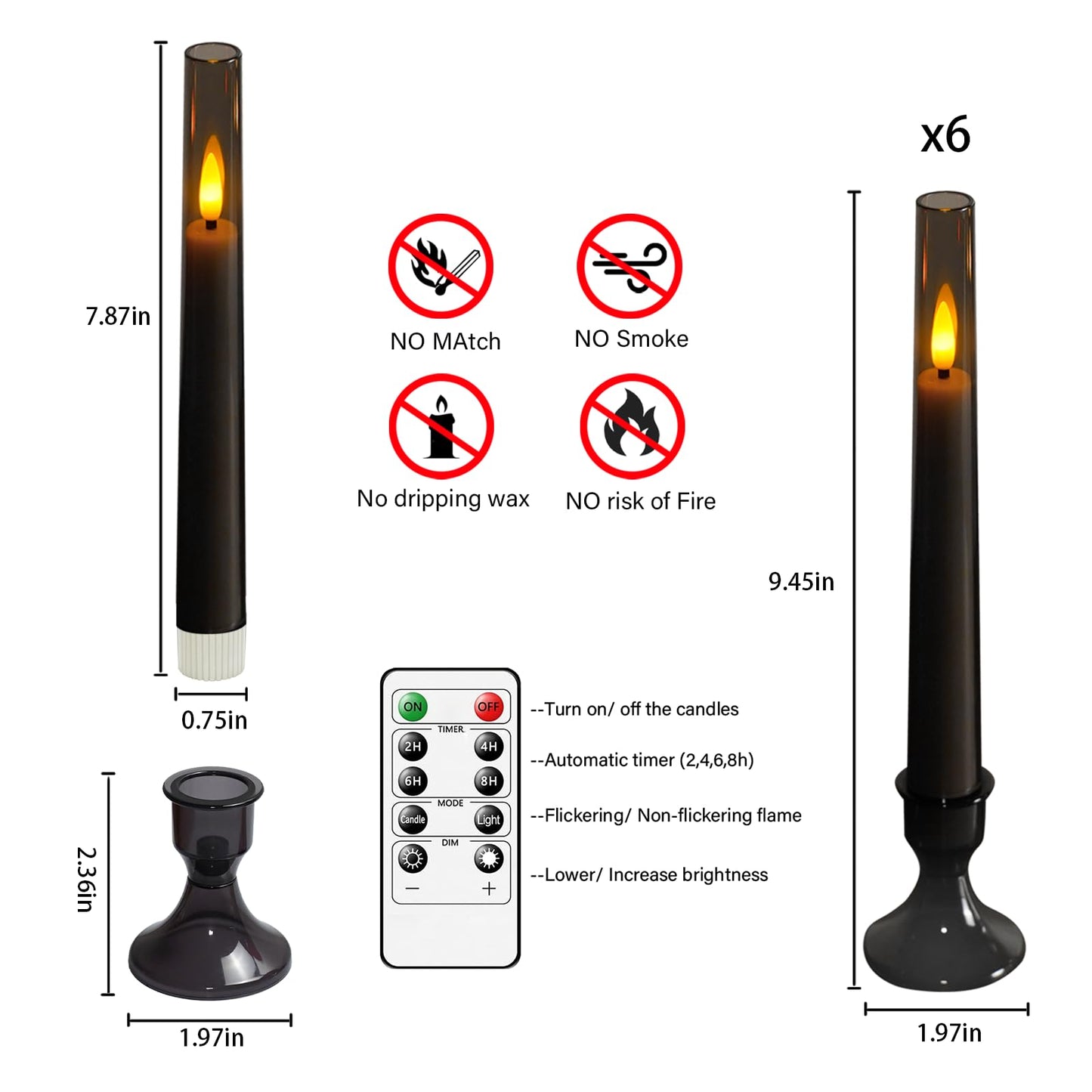 Sasigeiaa Flameless Taper Candles,with Remote and Timer Flickering Flameless Candles,6 Pack Led Candles,with Base Battery Operated Candles， Taper Candles for Home, Wedding, Party (Grey)