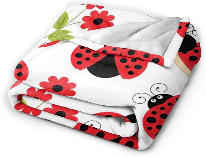 Ladybug Blanket, Lady Bug Cartoon Throw Blankets, Flower Green Leaves Fuzzy Plush Blanket Ultra Soft for Animal Lover Gift Kids Teens Women Men Girls Boys Stuff Decor for Bedding Sofas Couchh 80"X60"